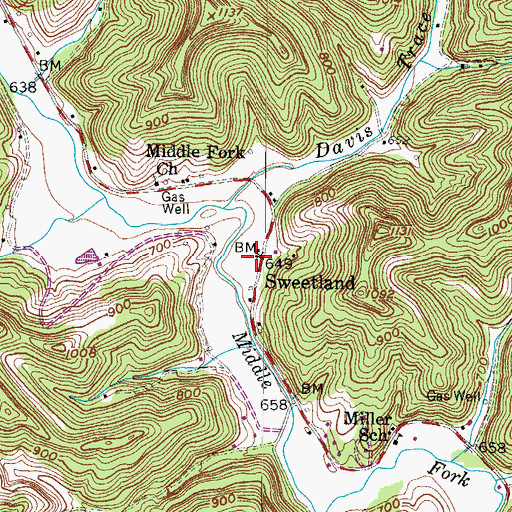 Topographic Map of Sweetland, WV