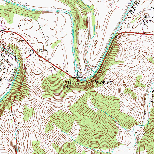 Topographic Map of Worley, WV