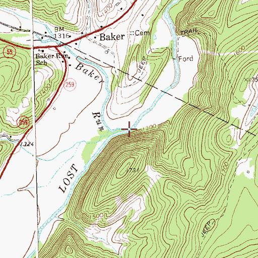 Topographic Map of Baker Run, WV