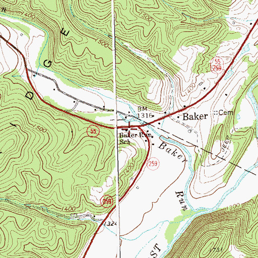 Topographic Map of Baker Run School (historical), WV