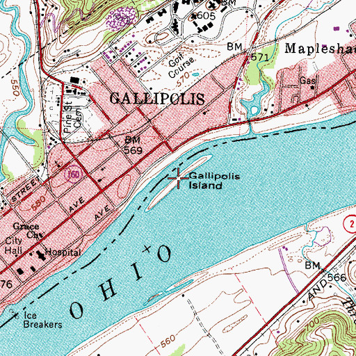 Topographic Map of Gallipolis Island, WV
