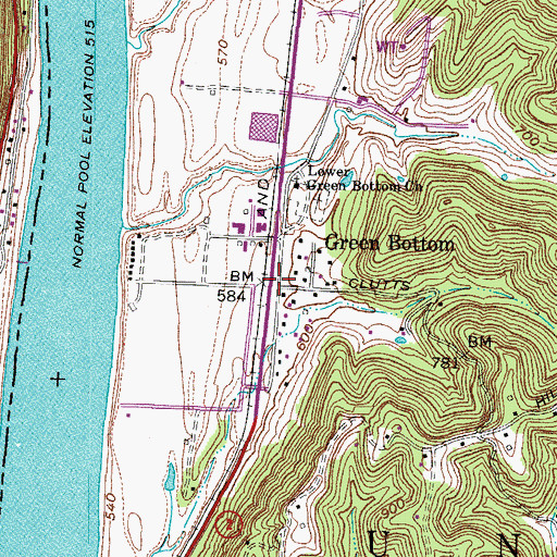 Topographic Map of Green Bottom, WV