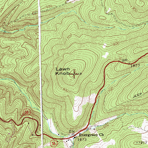 Topographic Map of Lawn Knob, WV