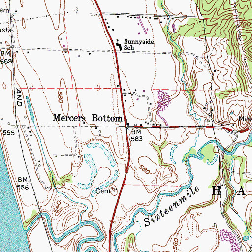 Topographic Map of Mercers Bottom, WV
