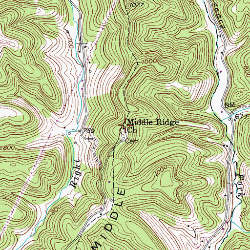 Topographic Map of Middle Ridge Baptist Church, WV