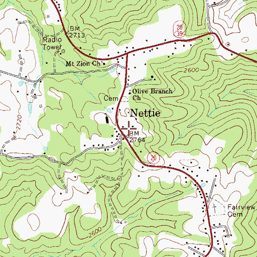Topographic Map of Nettie, WV