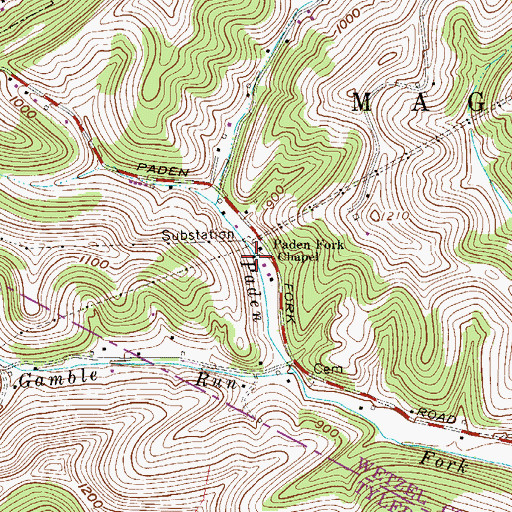 Topographic Map of Paden Fork Chapel, WV