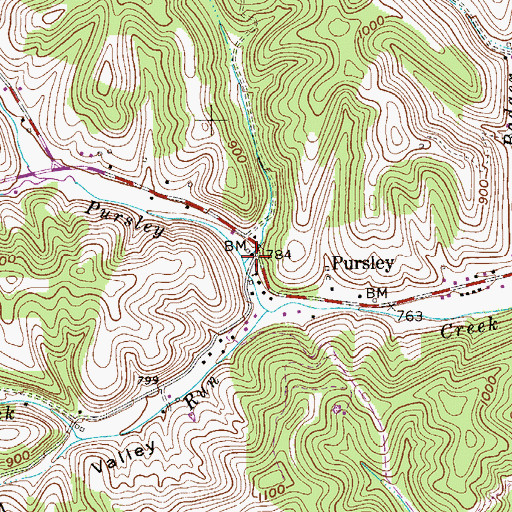 Topographic Map of Pursley, WV