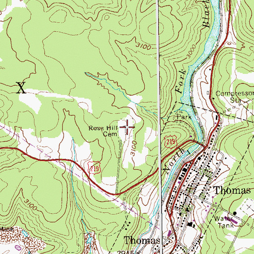 Topographic Map of Rose Hill Cemetery, WV