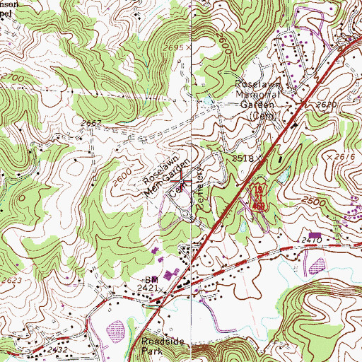 Topographic Map of Roselawn Memorial Garden, WV