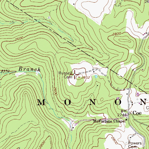 Topographic Map of Russell Cemetery, WV
