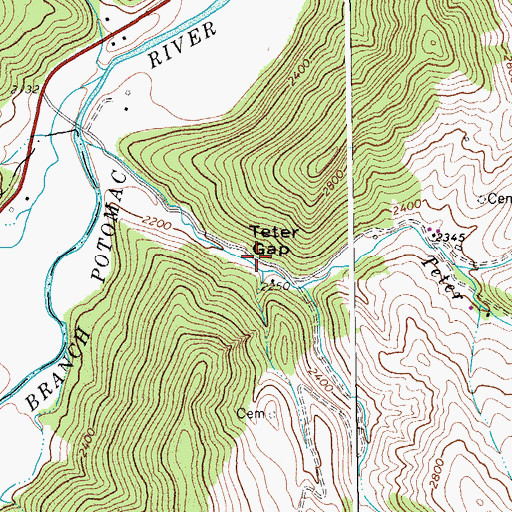 Topographic Map of Teter Gap, WV