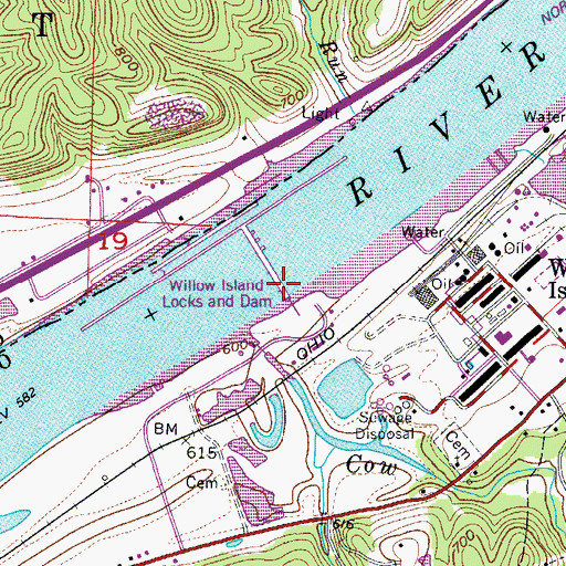 Topographic Map of Willow Island Locks and Dam, WV