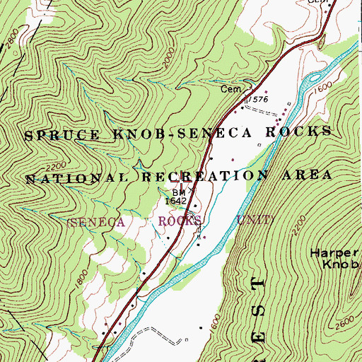 Topographic Map of Seneca Shadows Recreation Site, WV
