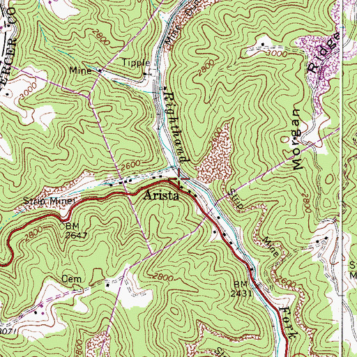 Topographic Map of Arista, WV