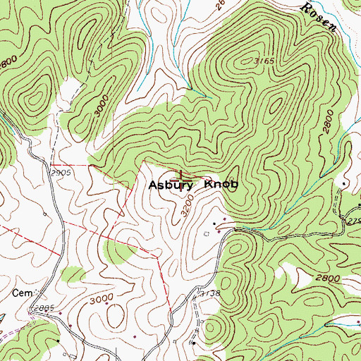 Topographic Map of Asbury Knob, WV
