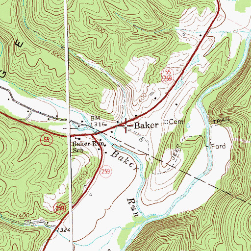 Topographic Map of Baker, WV