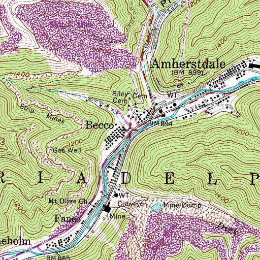 Topographic Map of Becco, WV
