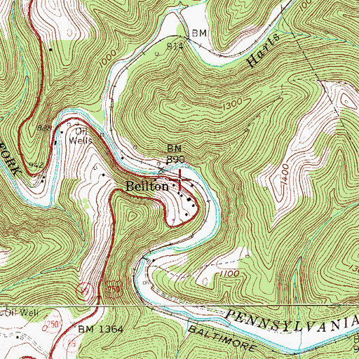 Topographic Map of Bellton, WV