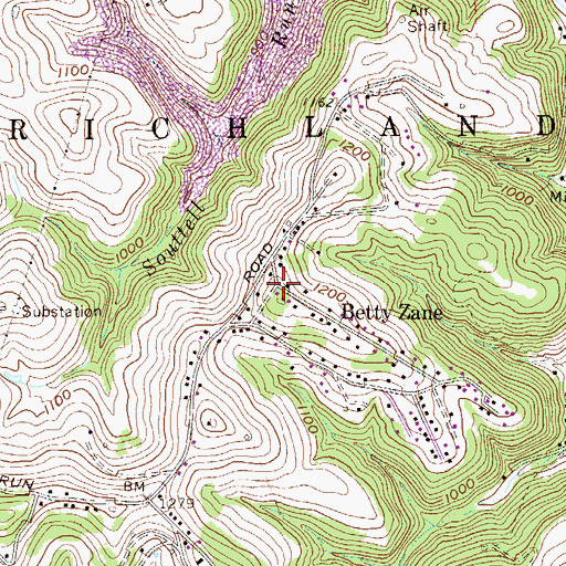 Topographic Map of Betty Zane, WV