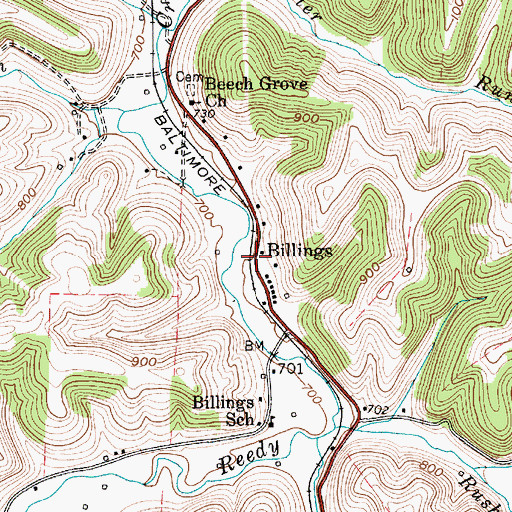 Topographic Map of Billings, WV