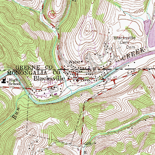 Topographic Map of Blacksville, WV