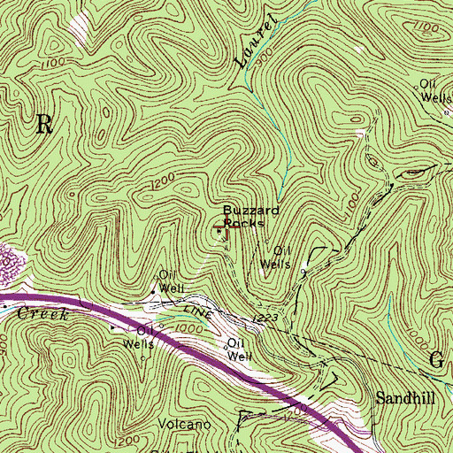 Topographic Map of Buzzard Rocks, WV