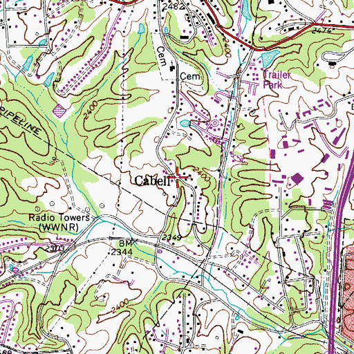 Topographic Map of Cabell, WV