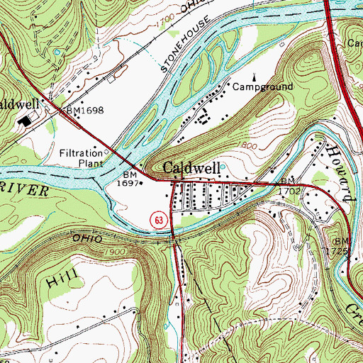Topographic Map of Caldwell, WV