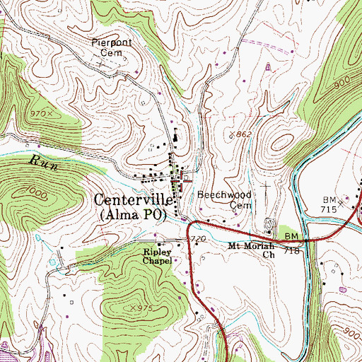 Topographic Map of Centerville, WV