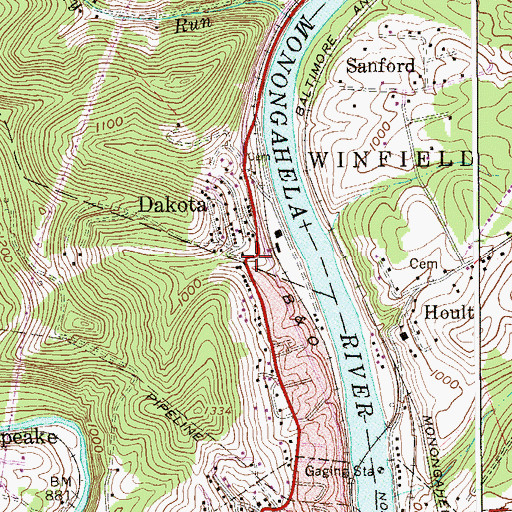 Topographic Map of Dakota, WV