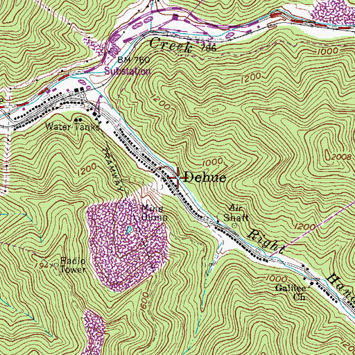 Topographic Map of Dehue, WV