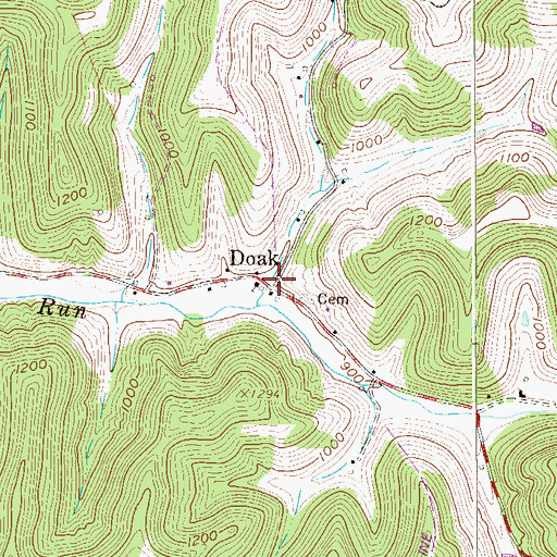 Topographic Map of Doak, WV