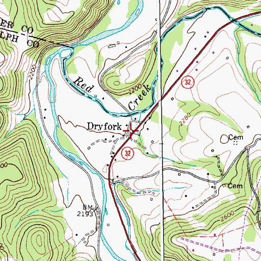 Topographic Map of Dryfork, WV