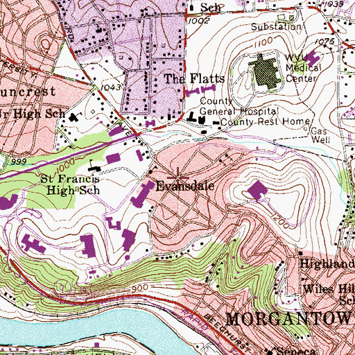 Topographic Map of Evansdale, WV