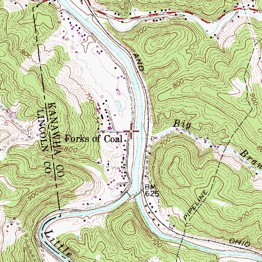 Topographic Map of Forks of Coal, WV