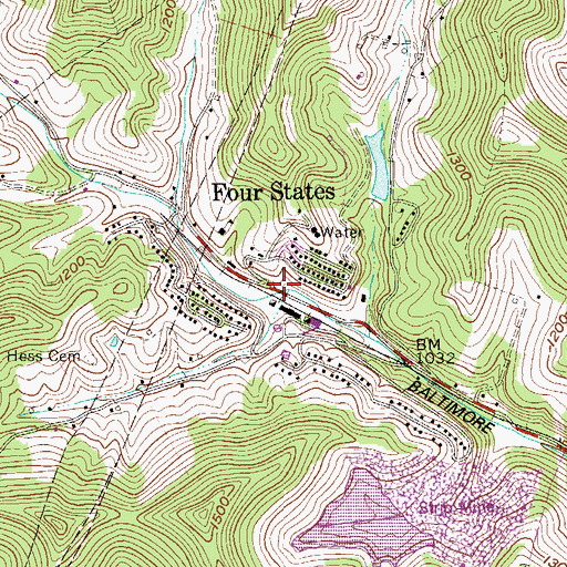 Topographic Map of Four States, WV