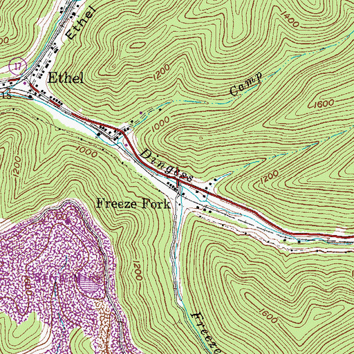 Topographic Map of Freeze Fork, WV