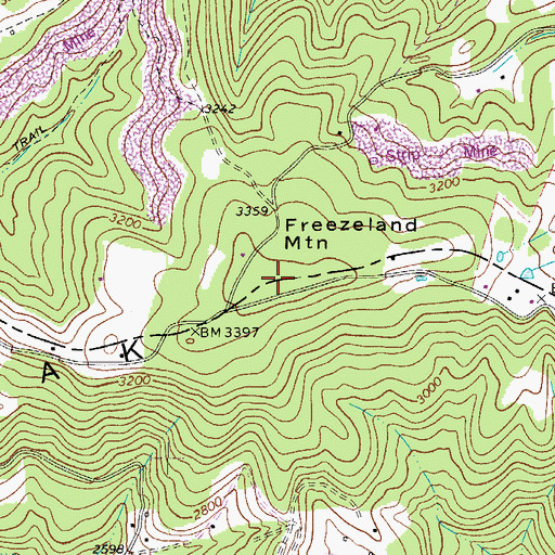 Topographic Map of Freezeland Mountain, WV