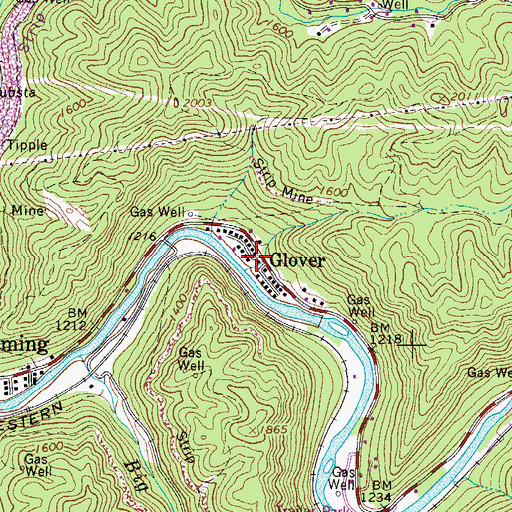 Topographic Map of Glover, WV