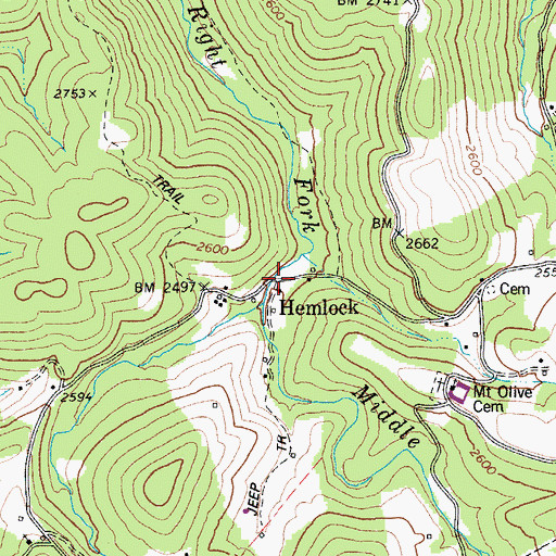 Topographic Map of Hemlock, WV