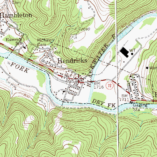 Topographic Map of Hendricks, WV