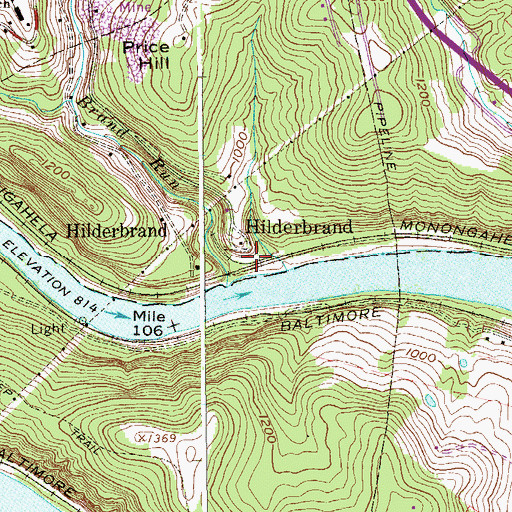 Topographic Map of Hilderbrand, WV