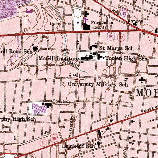 Topographic Map of Dauphin Way Methodist Church, AL