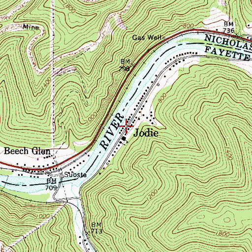 Topographic Map of Jodie, WV