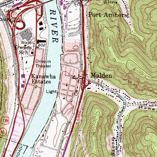 Topographic Map of Malden, WV