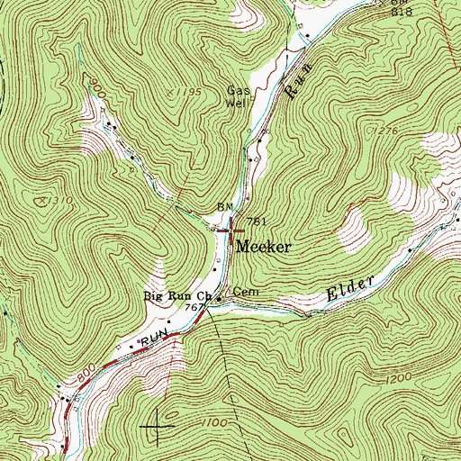Topographic Map of Meeker, WV