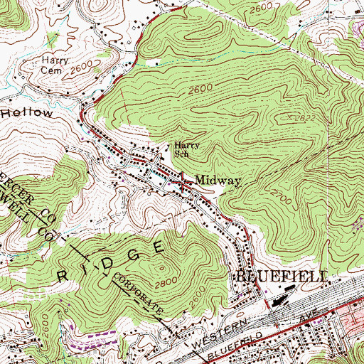 Topographic Map of Midway, WV