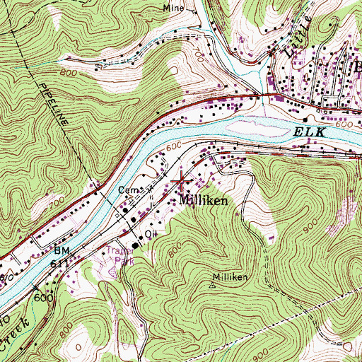 Topographic Map of Milliken, WV