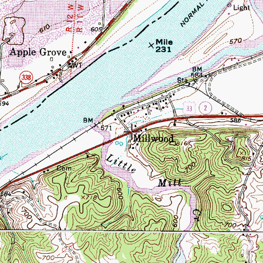 Topographic Map of Millwood, WV